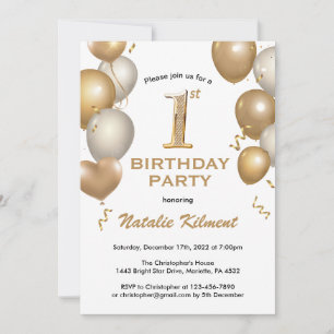 1st Birthday White and Gold Glitter Balloons Invitation