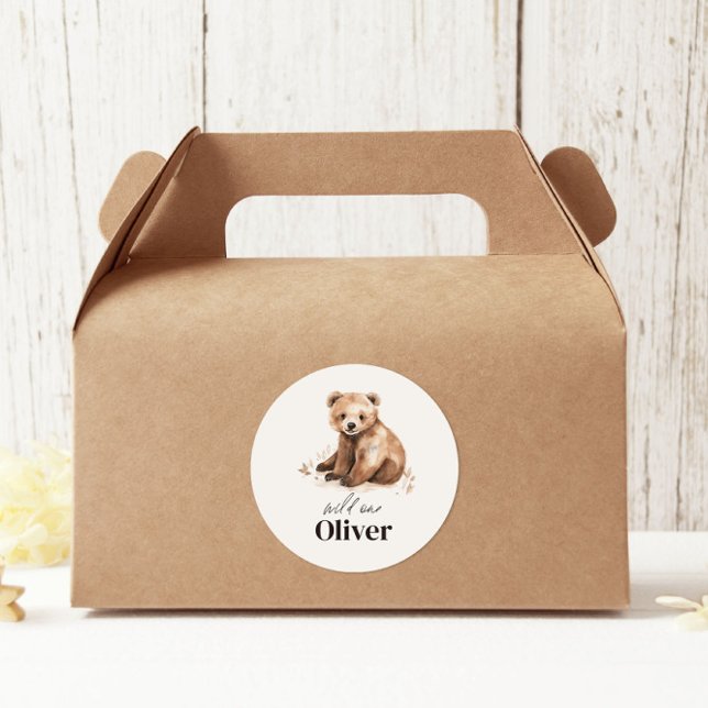 1st Birthday Wild One bear modern elegant party Classic Round Sticker (Creator Uploaded)