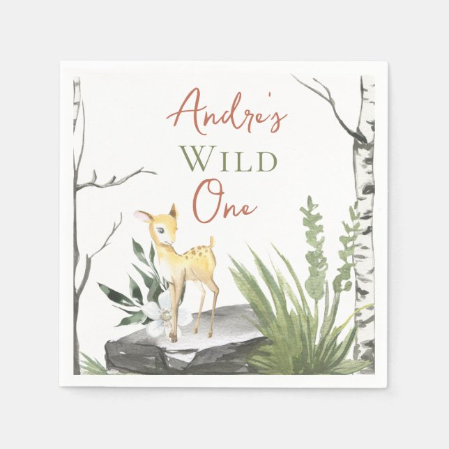 1st Birthday "Wild One" Brown Watercolor Baby Fawn Napkin (Front)