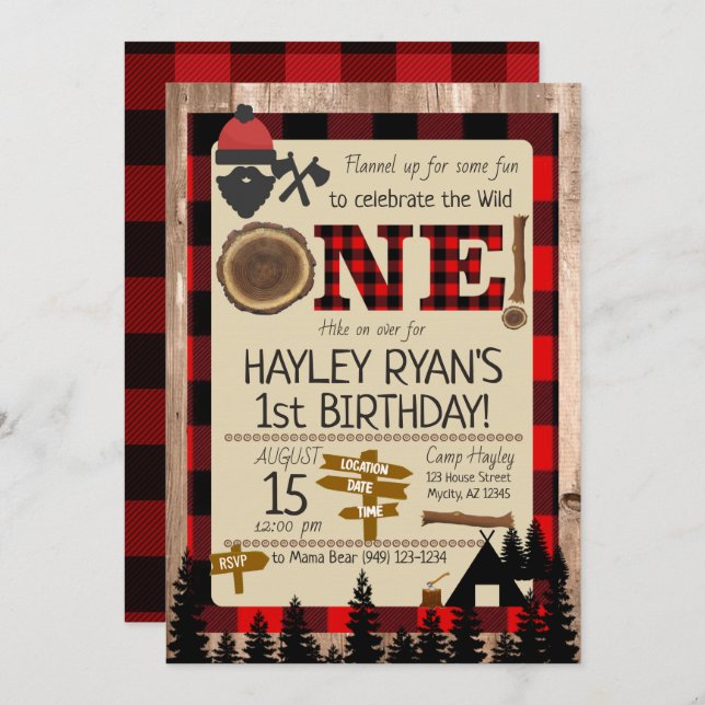 1st Birthday Wild One Flannel Lumberjack Theme Invitation (Front/Back)