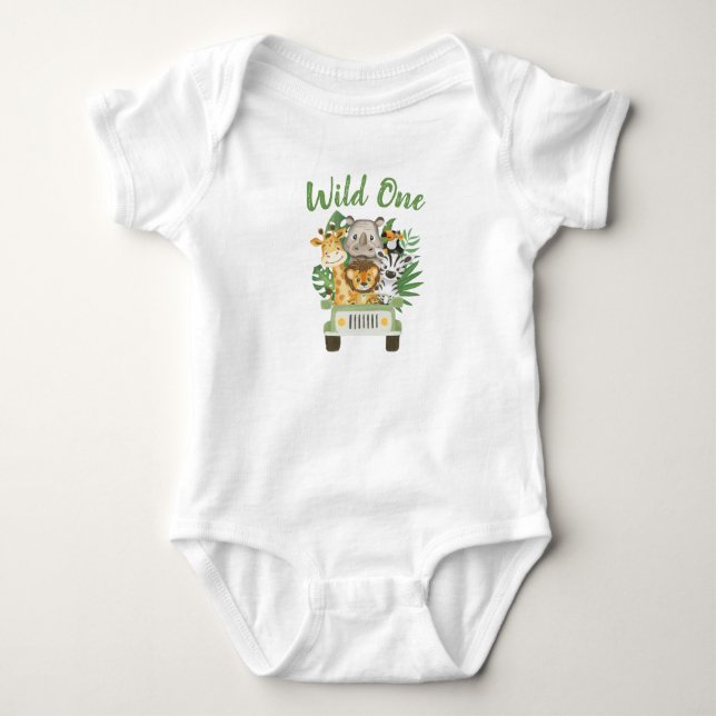 1st Birthday Wild One Jungle Safari Animals in car Baby Bodysuit (Front)