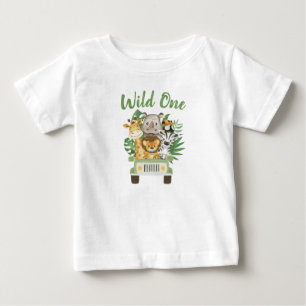 1st Birthday Wild One Jungle Safari Animals in car Baby T-Shirt