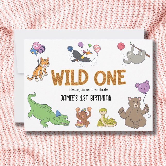 1st Birthday Wild One Jungle Safari Animals Invitation (Safari 1st birthday invitations. Wild one theme with jungle animals.)