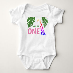 1st Birthday Wild One Pink Giraffe Safari Jungle Baby Bodysuit