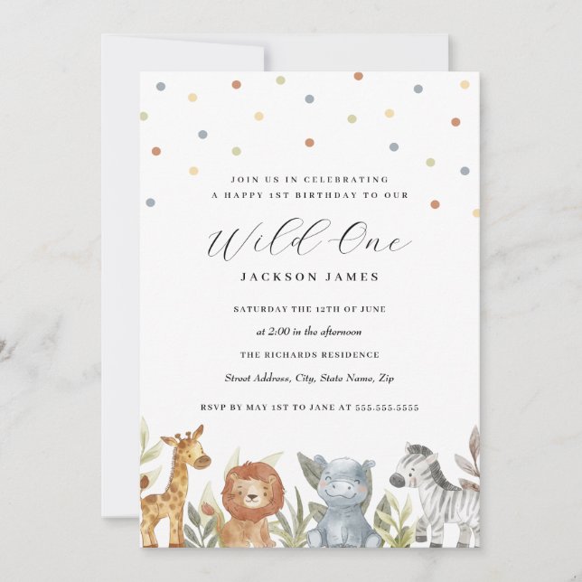 1st Birthday Wild One Safari Animals Invitation (Front)