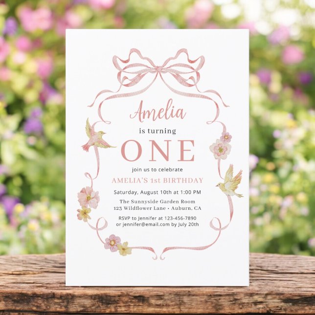 1st Birthday Wildflower Pink Coquette Bow Girl's Invitation (Creator Uploaded)