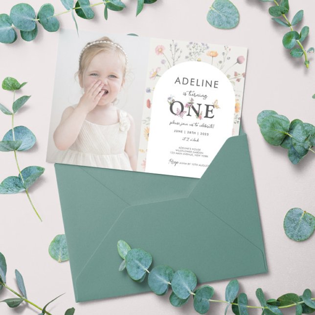 1st Birthday Wildflower Theme Floral Girl Photo  Invitation (Wildflower 1st Birthday Invitation with Photo Printable or Digital Personalized template baby girl)