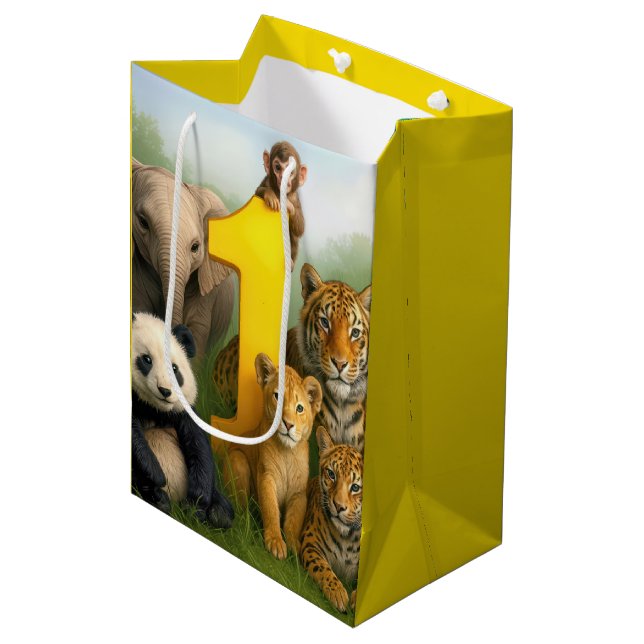 1st Birthday Wildlife Animal Babies Medium Gift Bag (Front Angled)
