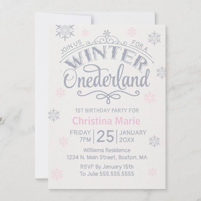 1st Birthday Winter Onederland Silver Snowflakes Invitation (Front)