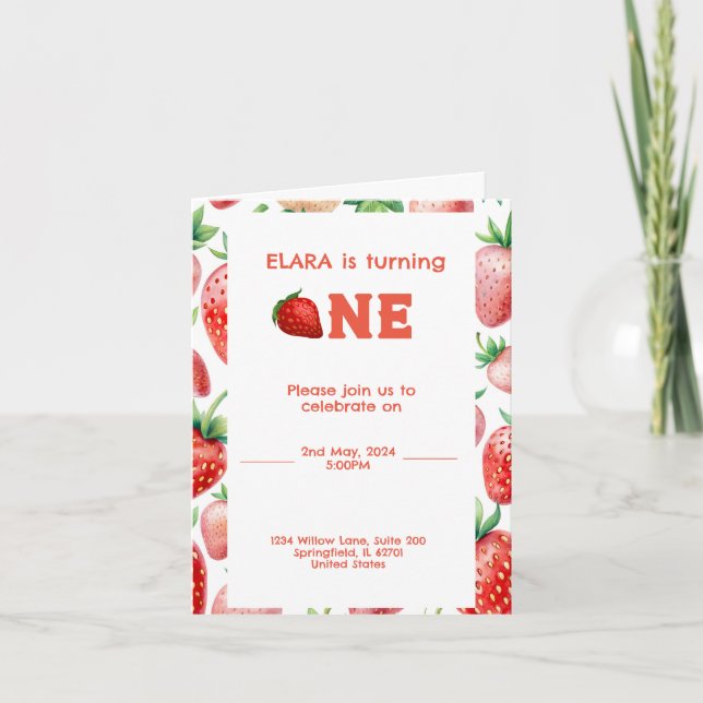1st birthday with strawberry frame pattern invitation (Front)