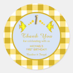 1st Birthday Yellow Gingham Fish Thank You Classic Round Sticker