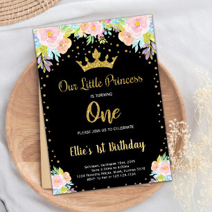 1st Black Floral Princess Birthday Invitation