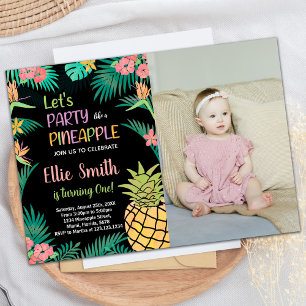 1st Black Orange Green Pineapple with photo Invitation