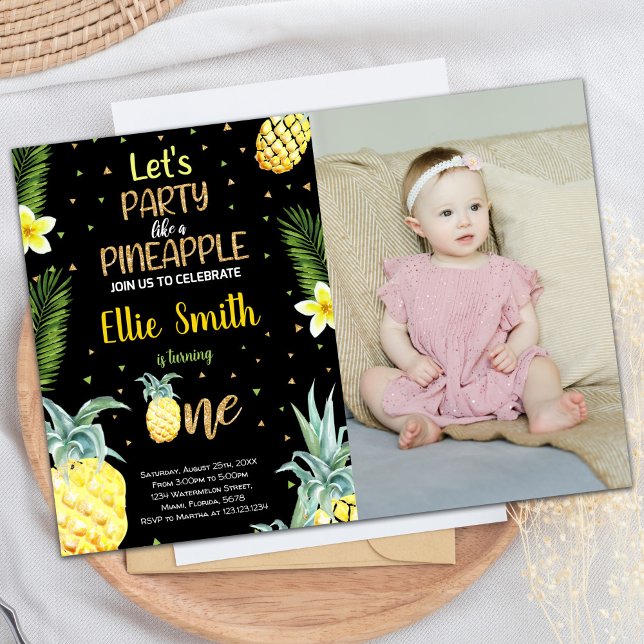 1st Black Pineapple Birthday Invitations w photo (1st Black Pineapple Birthday Invitations w photo)