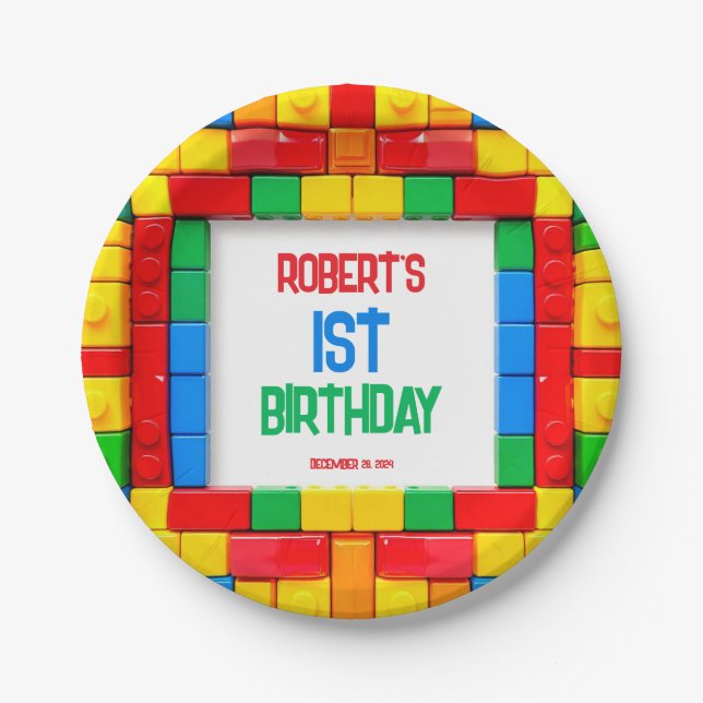 1st Building Blocks BIRTHDAY Paper Plate (Front)