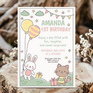 1st Bunny and Kitty Birthday Celebration Invitation