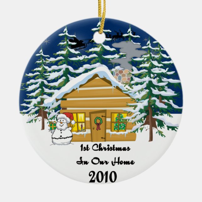 1st Christmas 2010 Cute Log Cabin Ceramic Tree Decoration (Front)