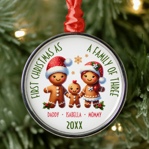 1st Christmas as a Family of 3 Gingerbread Family Metal Tree Decoration