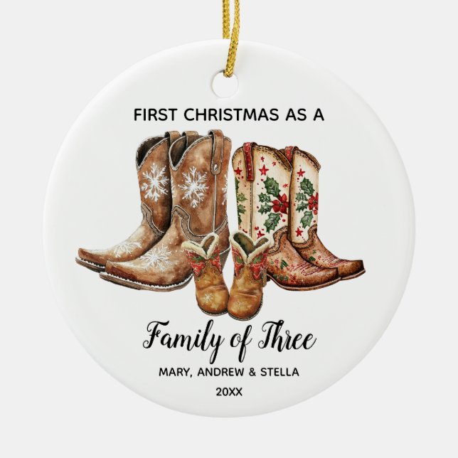 1st Christmas as a Family of Three Cowboy Keepsake Ceramic Tree Decoration (Front)