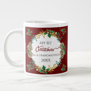 1st Christmas as Grandmother Photo Holly Pine Cone Large Coffee Mug