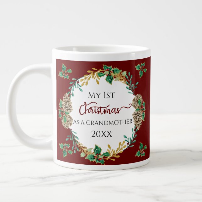 1st Christmas as Grandmother Photo Holly Pine Cone Large Coffee Mug (Left)