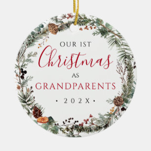 1st Christmas as Grandparents Floral Wreath Photo  Ceramic Tree Decoration