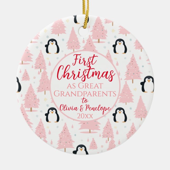1st Christmas As Great Grandparents Penguin Pink Ceramic Tree Decoration (Front)