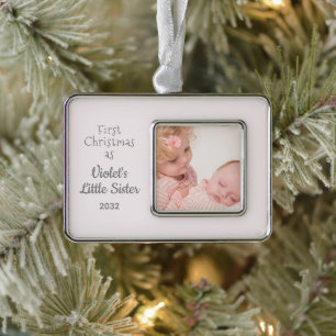 1st Christmas as Little Sister Name Year Photo Silver Plated Framed Ornament