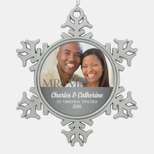 1st Christmas as Mr and Mrs Silver Damask Photo Snowflake Pewter Christmas Ornament