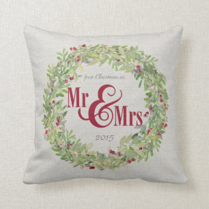 1st Christmas as Mr & Mrs custom name/year Wreath Cushion