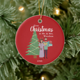 1st Christmas As Mr & Mrs Personalised Cute Couple Ceramic Tree Decoration