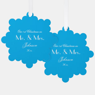 1st Christmas As Mr. & Mrs. Script Boho Chic Blue  Tree Decoration Card