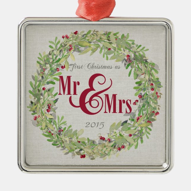 1st Christmas as Mr & Mrs Wreath grey burlap Metal Tree Decoration (Front)