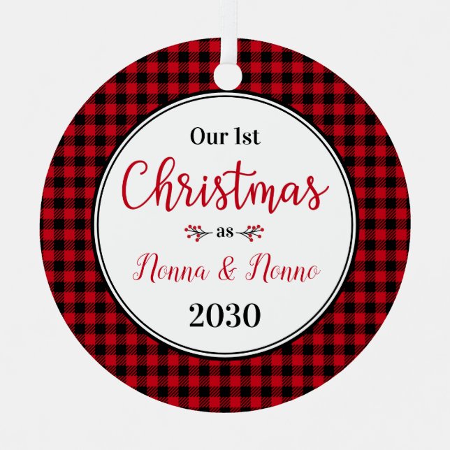 1st Christmas As Nonna Nonno Red Buffalo Check Metal Tree Decoration (Front)