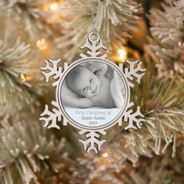 1st Christmas Auntie from Nephew Photo Snowflake Pewter Christmas Ornament (Tree)