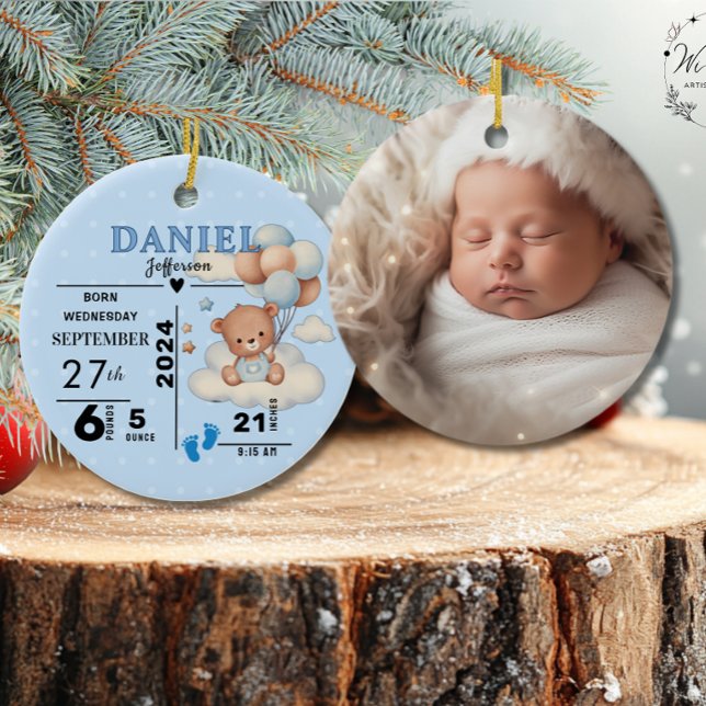 1st Christmas Baby Boy Birth Announcement Photo  Ceramic Tree Decoration (Creator Uploaded)