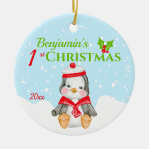 1st Christmas Baby Boy Penguin Photo Ceramic Tree Decoration
