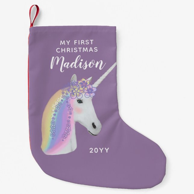 1st Christmas Baby Girl Purple Unicorn Name Small Christmas Stocking (Front)