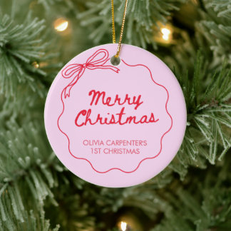 1st christmas bow pink red photo cute baby ceramic tree decoration