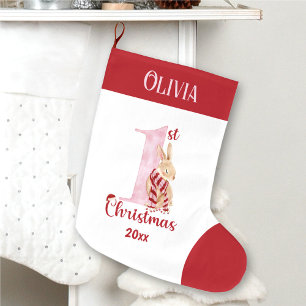 1st Christmas Bunny Baby Girl Red Pink Name Large Christmas Stocking