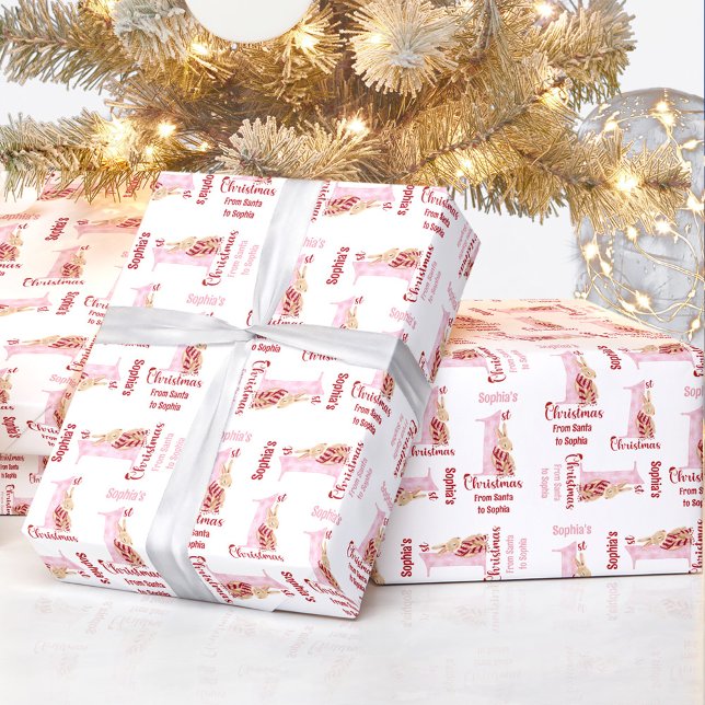 1st Christmas Bunny Name Baby Girl Pink Number One Wrapping Paper (1st Christmas Bunny Name Baby Girl Pink Number One Wrapping Paper)