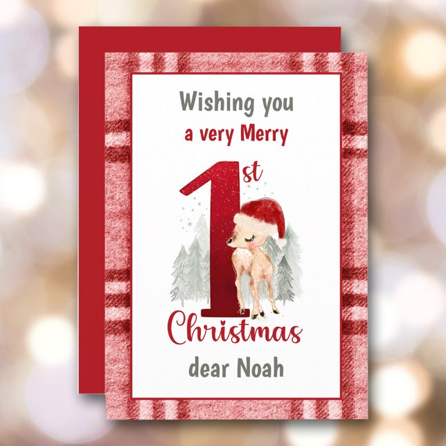 1st Christmas Cute Deer Santa Hat Plaid Holiday Card (1st Christmas Cute Deer Santa Hat Plaid Holiday Card)