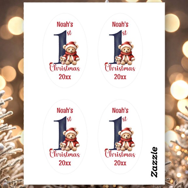 1st Christmas Cute Teddy Bear Baby Boy Oval Sticker (1st Christmas Cute Teddy Bear Baby Boy Oval Sticker)