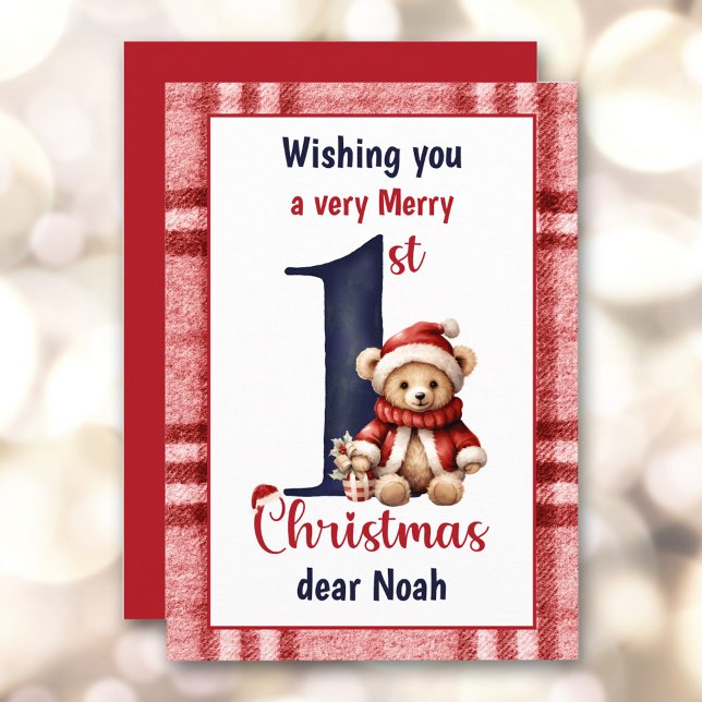 1st Christmas Cute Teddy Bear Baby Boy Red Blue Holiday Card (1st Christmas Cute Teddy Bear Baby Boy Red Blue Holiday Card)