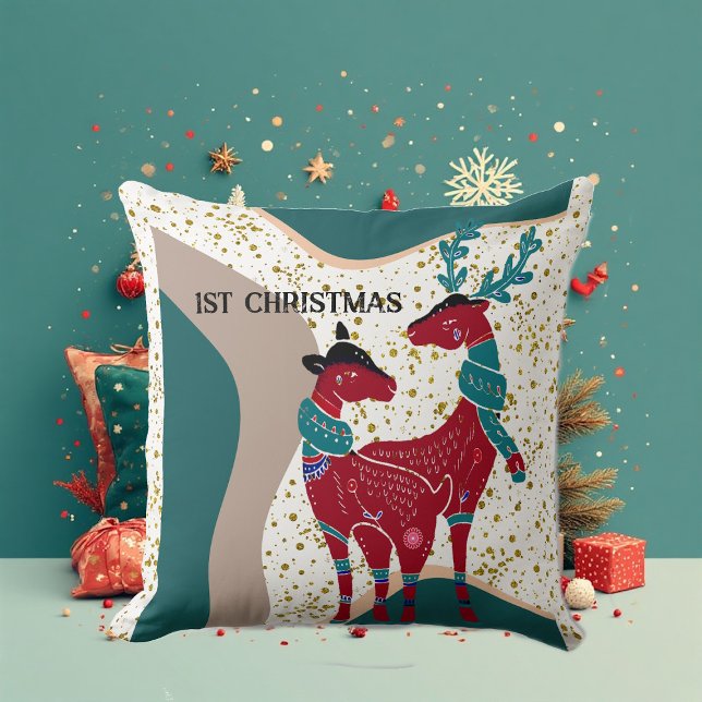 1st Christmas Deer Couple Nordic Snow Hail Boho   Cushion (1st Christmas Deer Couple Nordic Snow Hail Boho Throw Pillow)