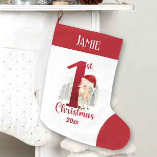 1st Christmas Deer Santa Hat Baby Red Name Large Christmas Stocking