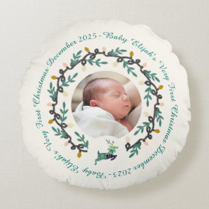 1st Christmas Deer with Wreath Teal Cream Round Cushion