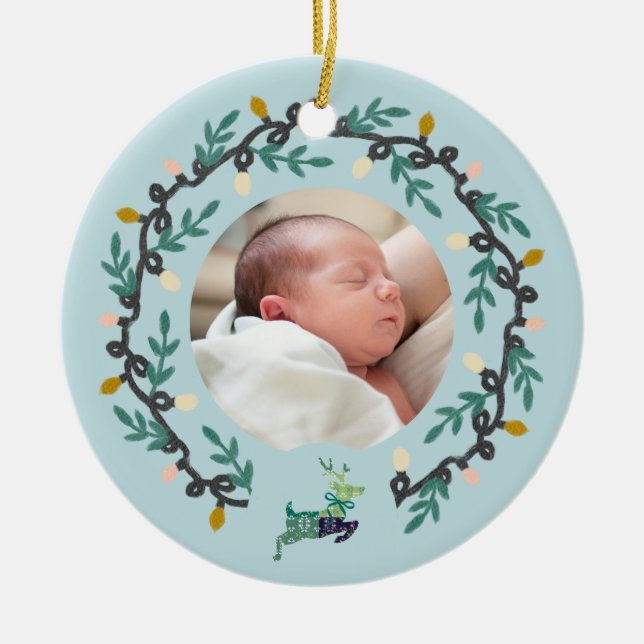1st Christmas Deer with Wreath Teal Customize Ceramic Tree Decoration (Front)