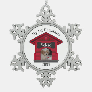 1st Christmas Dog Upload Photo Dog House w Bone Me Snowflake Pewter Christmas Ornament