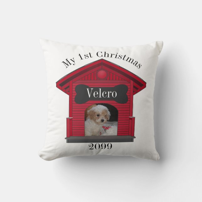 1st Christmas Dog Upload Photo Dog House w Bone Sq Cushion (Front)